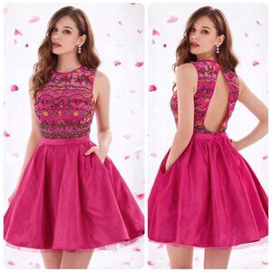 Angela & Alison Beaded Dress Pink Satin 10 Short Formal A-Line Pocket Open Back